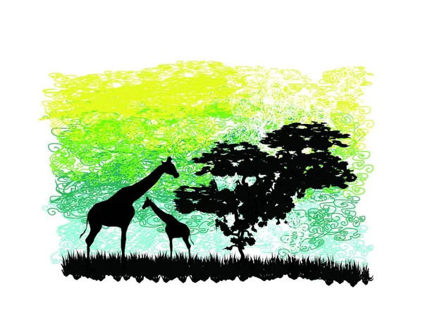 Abstrakcyjna Ilustracja Żyrafami Drzewem — Wektor stockowy