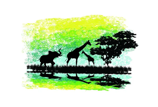 Safari Afrika Silhouette Wilder Tiere Spiegelung Wasser — Stockvektor