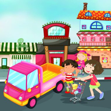 kamyon ve çocuklar, grafik vektör çizimi