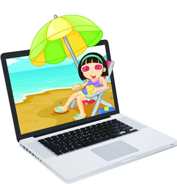 ビーチにいる女の子とノートパソコン グラフィックベクトルイラスト — ストックベクタ