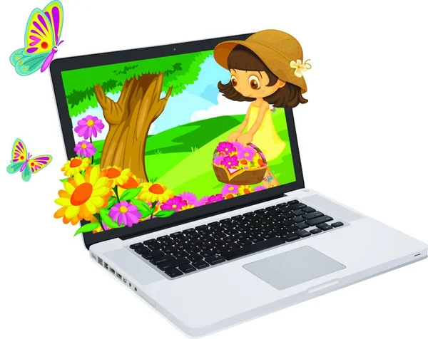 ノートパソコン画面の森の少女グラフィックベクトルイラスト — ストックベクタ