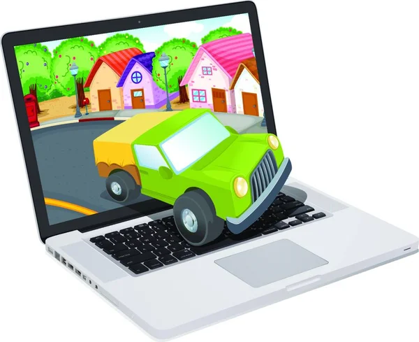 ノートパソコンの画面上の車やグラフィックベクトルのイラスト — ストックベクタ