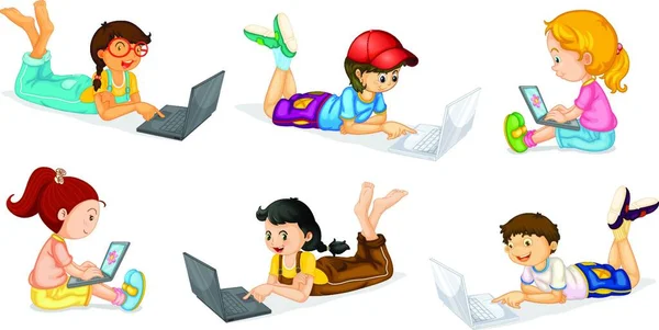 膝上型计算机与儿童 图形矢量图解 — 图库矢量图片