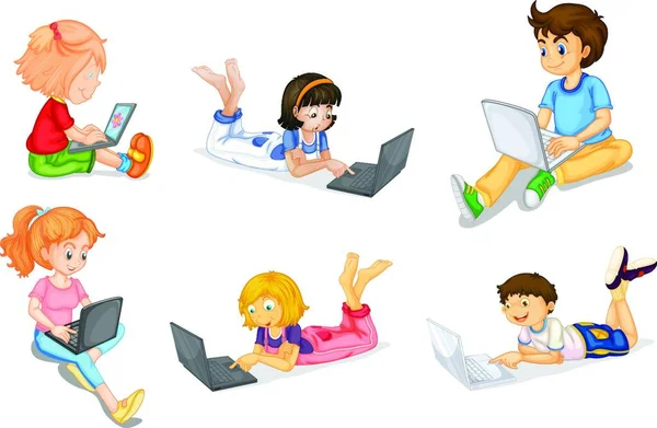 Dzieci Ikoną Laptopa Internetu Wektor Ilustracji — Wektor stockowy