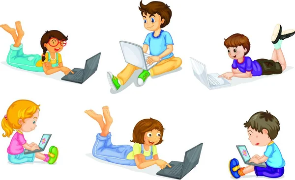 Enfants Avec Icône Ordinateur Portable Pour Web Illustration Vectorielle — Image vectorielle