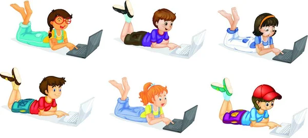 膝上型计算机与儿童 图形矢量图解 — 图库矢量图片