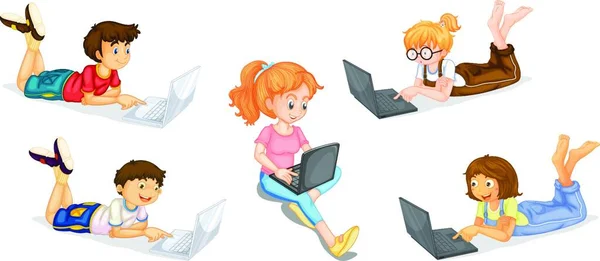 Kinder Mit Laptop Symbol Für Web Vektorillustration — Stockvektor