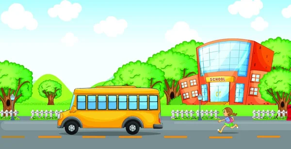 Ragazza Esecuzione Dietro Scuolabus — Vettoriale Stock