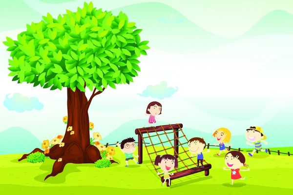 孩子们在一棵树下嬉戏玩耍 — 图库矢量图片