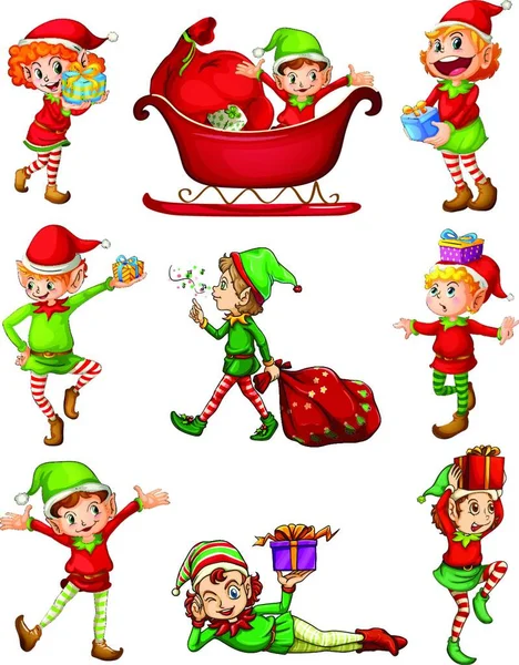 Giocoso Babbo Natale Elfi Disegno Semplice Illustrazione Vettoriale — Vettoriale Stock