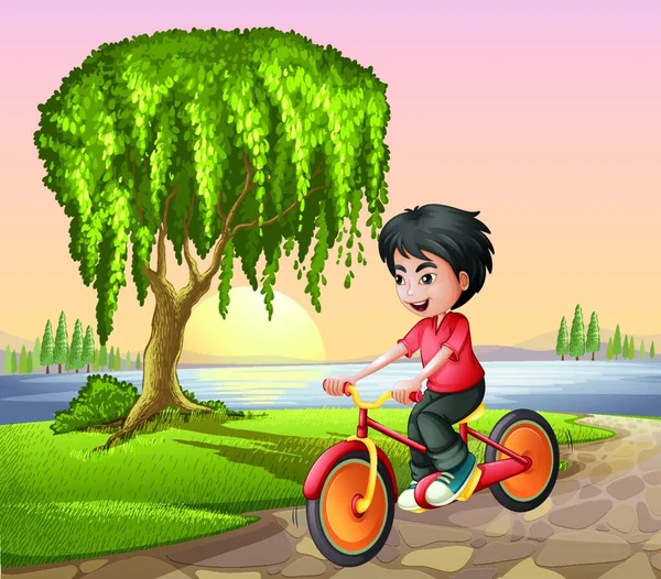 Мальчик Велосипед Векторная Иллюстрация Простой Дизайн — стоковый вектор