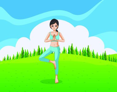 Tepede yoga yapan zayıf bayan, vektör çizimi basit tasarım.