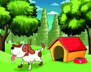 Köpek kulübesi ve ağaçların yanında köpek maması.