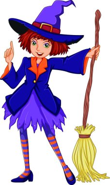 Bir süpürge tutan cadı, vektör illüstrasyon basit tasarım