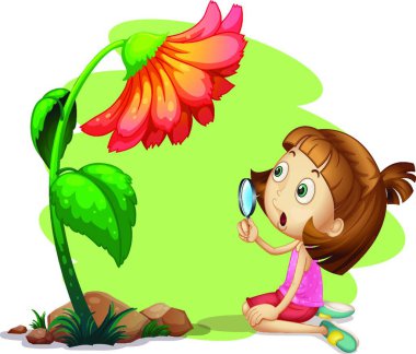 Çiçeğin altında büyüteç tutan bir kız, vektör çizimi basit tasarım