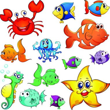 Farklı deniz canlıları, vektör çizimi basit tasarım.