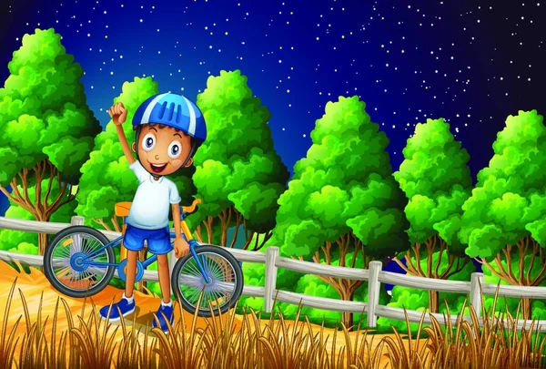 一个快乐的男孩 他骑着自行车站在篱笆附近的树林里 — 图库矢量图片