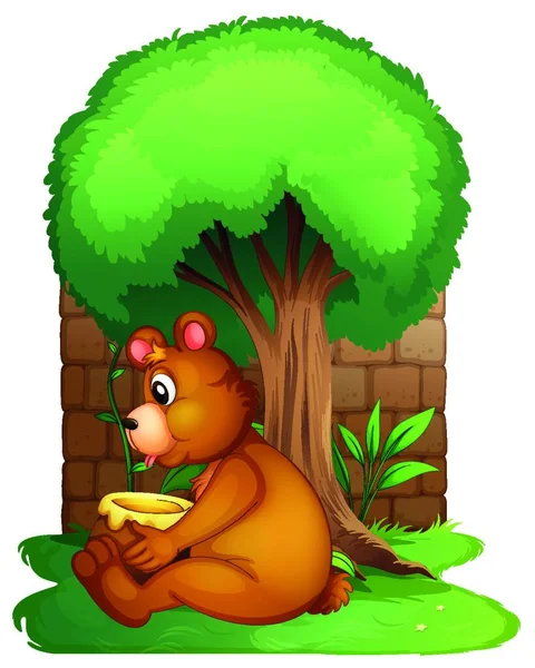 Niedźwiedź Siedzi Pod Dużym Drzewem Wektor Ilustracja Prosty Projekt — Wektor stockowy
