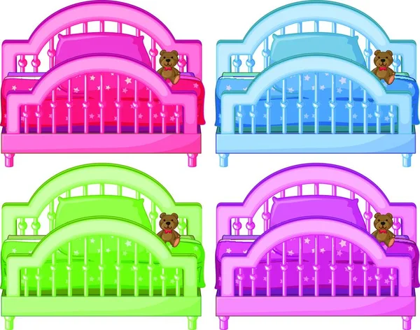 Four Colorful Beds Vector Illustration Simple Design — Stock Vector