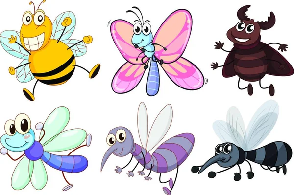 Seis Insectos Voladores Ilustración Vectorial Diseño Simple — Archivo Imágenes Vectoriales