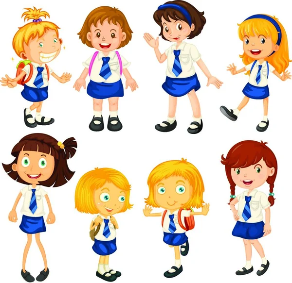 Acht Schoolmeisjes Uniform Vector Illustratie Eenvoudig Ontwerp — Stockvector