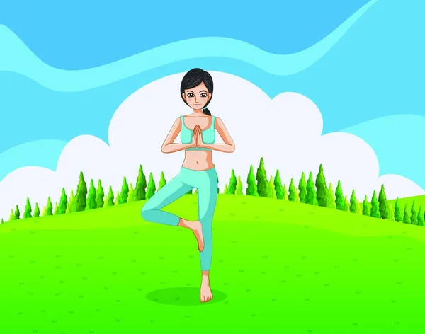Slim Lady Doing Yoga Hill Vector Illustration Simple Design — Stock Vector