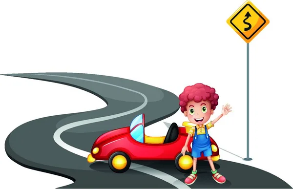 Genç Bir Çocuk Arabasıyla Sarı Bir Tabelanın Yanında Vektör Çizimi — Stok Vektör