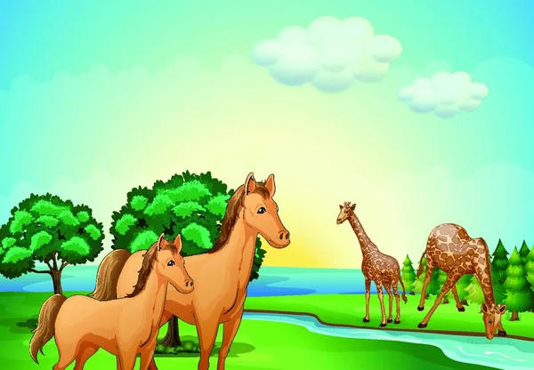 Cavalos Girafa Perto Rio Ilustração Vetorial Design Simples — Vetor de Stock