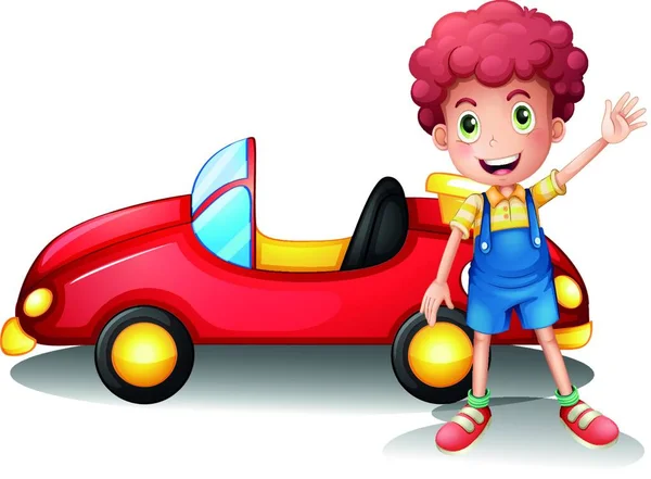 Kırmızı Bir Arabanın Önündeki Genç Çocuk Vektör Çizimi Basit Tasarım — Stok Vektör