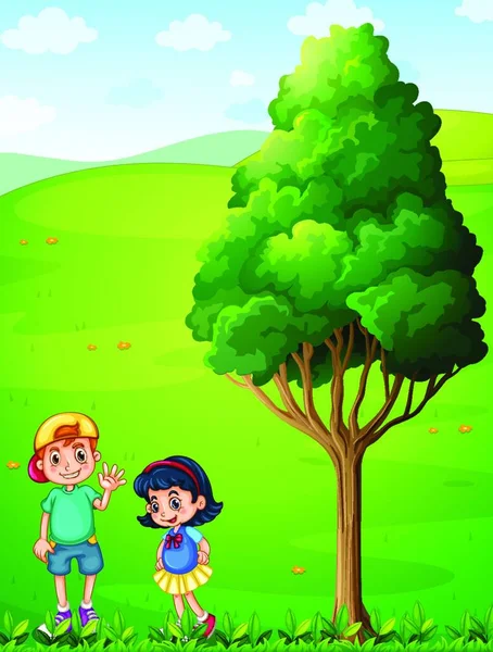 Dwoje Dzieci Szczycie Wzgórza Pobliżu Drzewa — Wektor stockowy