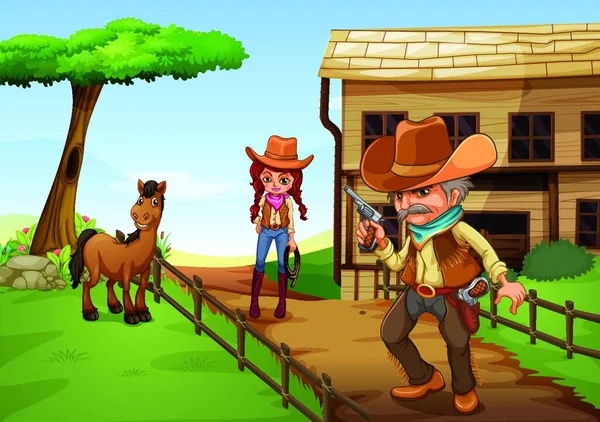 Una Cowgirl Cowboy Armato Vicino Alla Barnhouse — Vettoriale Stock
