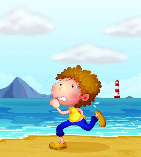Młody Chłopiec Jogging Wzdłuż Plaży Wektor Ilustracja Prosty Projekt — Wektor stockowy