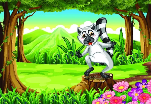 Hravý Lemur Lese Stojící Nad Pařezem — Stockový vektor