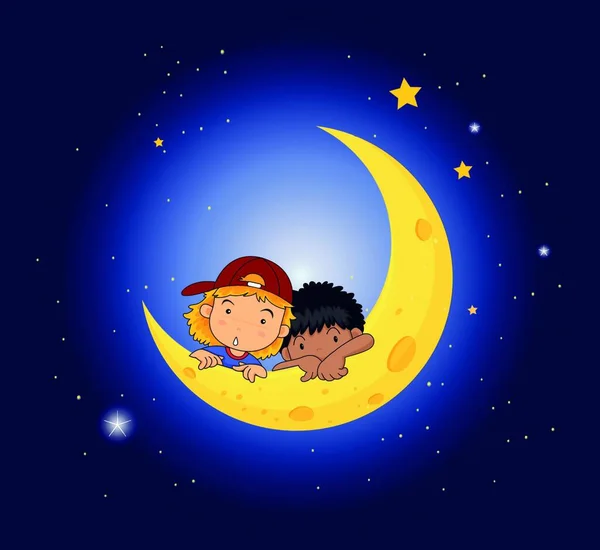 Lune Avec Deux Enfants Illustration Vectorielle Design Simple — Image vectorielle