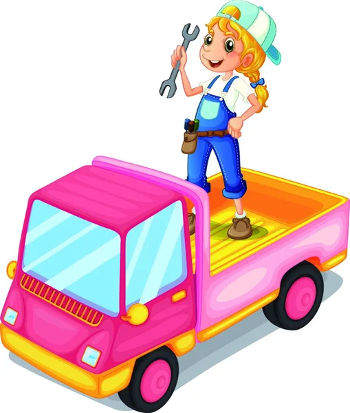 女孩站在粉红卡车上方 矢量图解简单设计 — 图库矢量图片