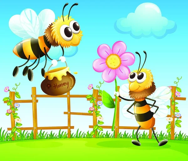 Dvě Velké Včely Zahradě Vektorové Ilustrace Jednoduchý Design — Stockový vektor