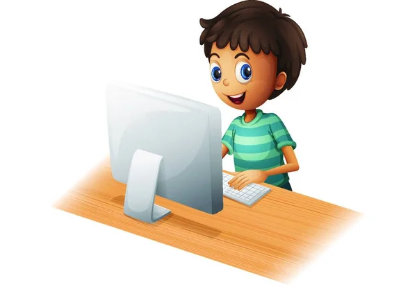 Boy Playing Computer Vector Illustration Simple Design — Stock Vector