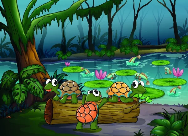 Ormanda Kaplumbağalar Balıklar Gölette — Stok Vektör