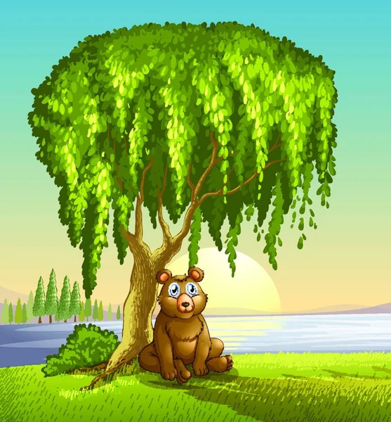Медведь Большим Деревом Векторная Иллюстрация Простая Конструкция — стоковый вектор