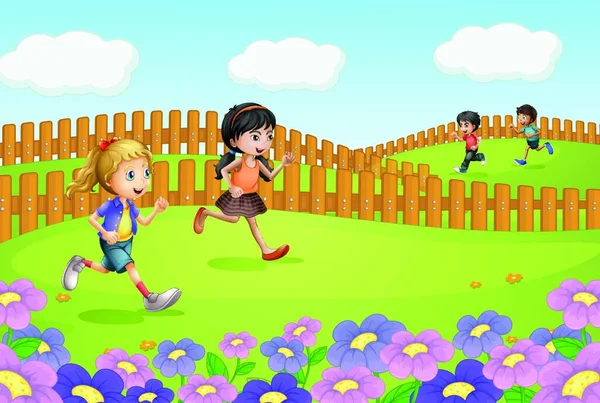 Kids Running Field Vector Illustration Simple Design — Stock Vector