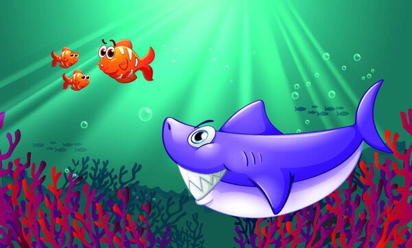 A big shark and three nemos under the sea, vector illustration simple design