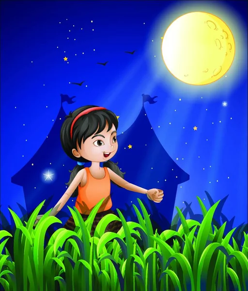 Happy Young Girl Watching Moon Vector Illustration Simple Design — Stock Vector