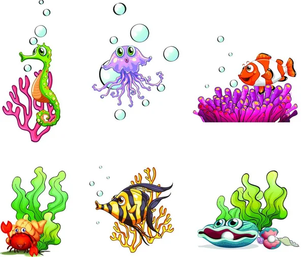 Διαφορετικά Πλάσματα Της Θάλασσας Διανυσματική Απεικόνιση Απλό Σχεδιασμό — Διανυσματικό Αρχείο