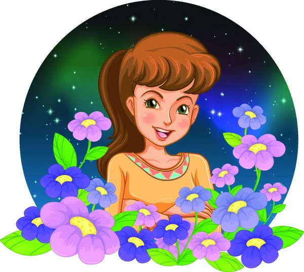Girl Surrounded Flowers Vector Illustration Simple Design — Stock Vector