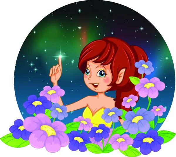 Chica Las Flores Sobre Estrellas Cielo Vector Ilustración Diseño Simple — Vector de stock