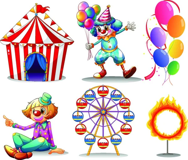 Cirkustält Clowner Pariserhjul Ballonger Och Ring Eld — Stock vektor