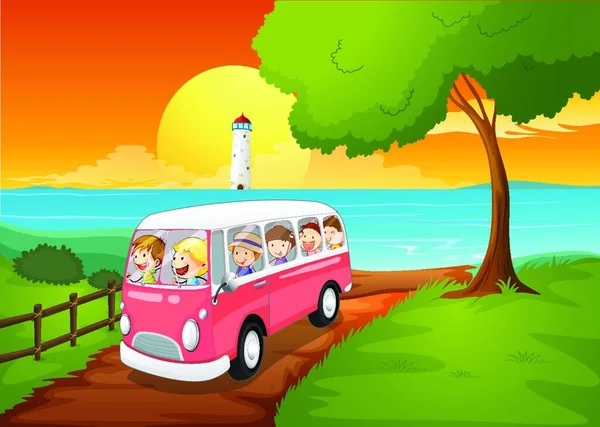 旅行はピンクのスクールバス — ストックベクタ