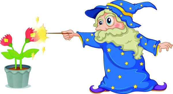 Wizard Holding Wand Pointing Flowers Vector Illustration Simple Design — Stock Vector