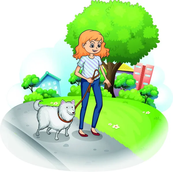 Senhora Passeando Com Seu Cão Ilustração Vetorial Design Simples — Vetor de Stock