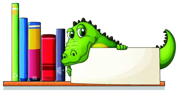 Crocodile Holding Empty Board Wooden Shelf Books — Stock Vector